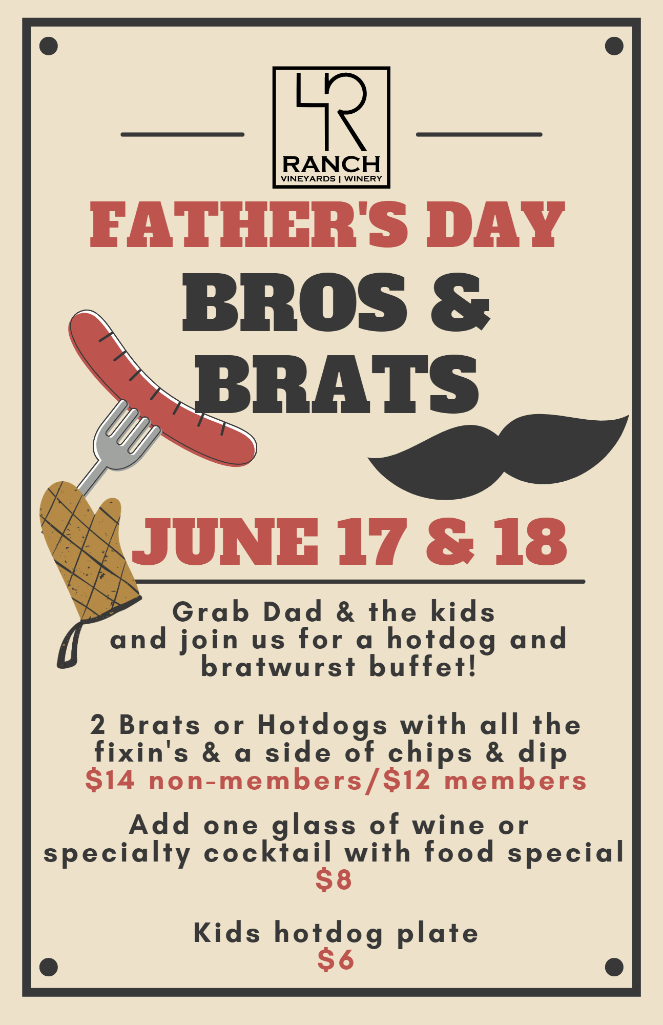 Father's Day, Brats & Bros celebration at 4R, Saturday, June 17 & Sunday, June 18